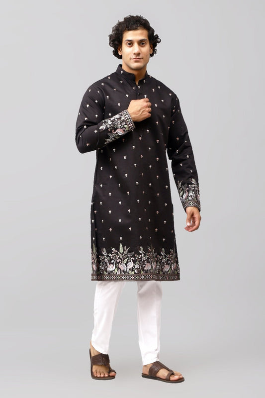 Bluesaanchi Phulkari Floral and Sequins Embroidered Kurta Set for Men Black Color | Swadesiicart