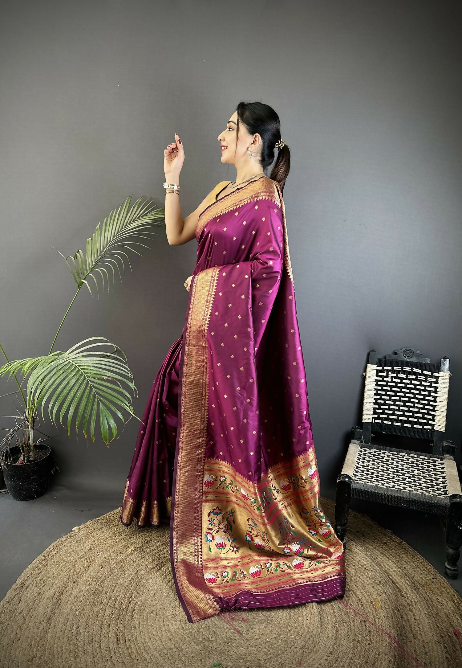 Joban Fashion Wine Butti Woven Soft Lichi Silk Paithani Saree