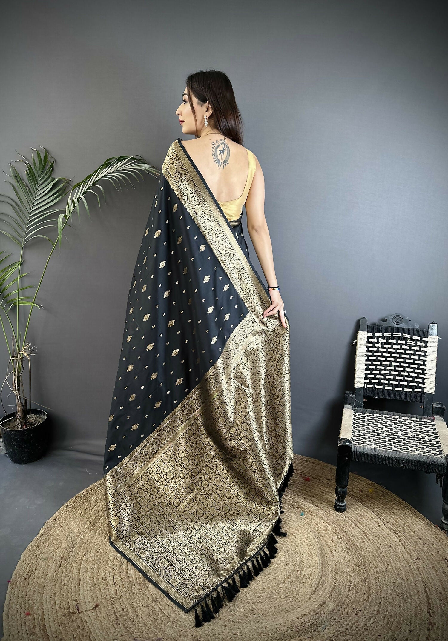 Joban Fashion Black Zari Weaving Motif Lichi Silk Banarasi Silk Saree