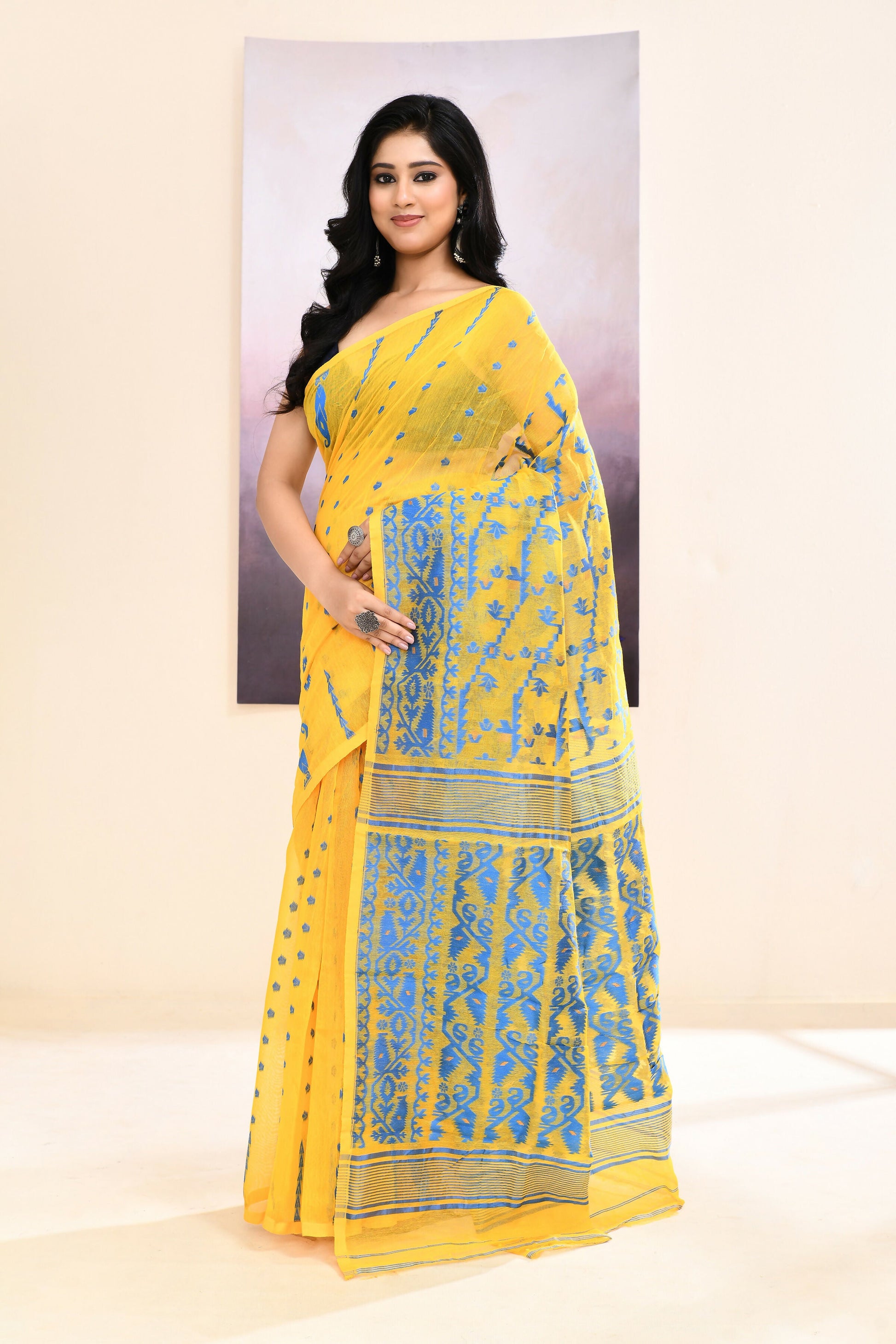Piyari Fashion Women's Yellow Embellished Cotton Blend Jamdani Saree