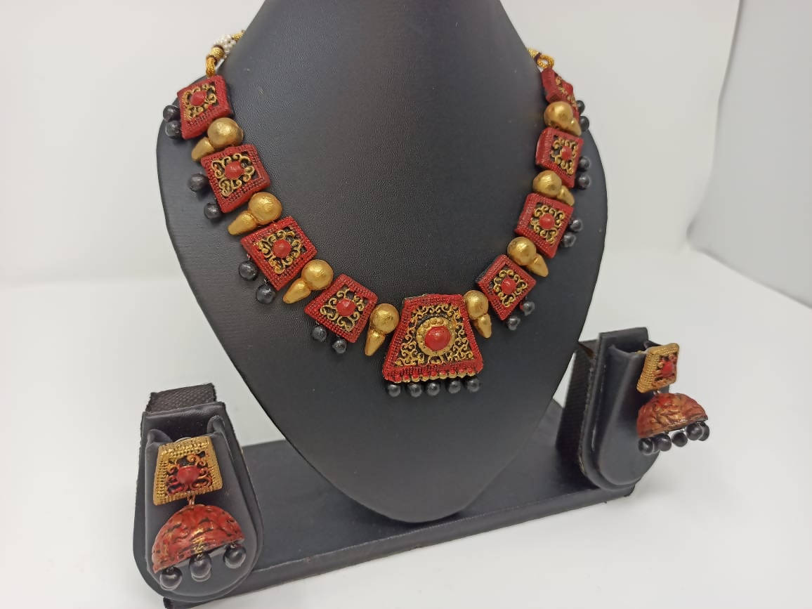 Terracotta Red and Black Choker Necklace Set Paired with Temple Earrings
