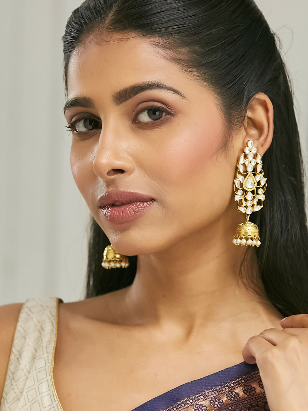 Nuyug 22K Gold-Plated Regal Kundan Stone Studded & Pearl Drop Jhumkas | Swadesiicart