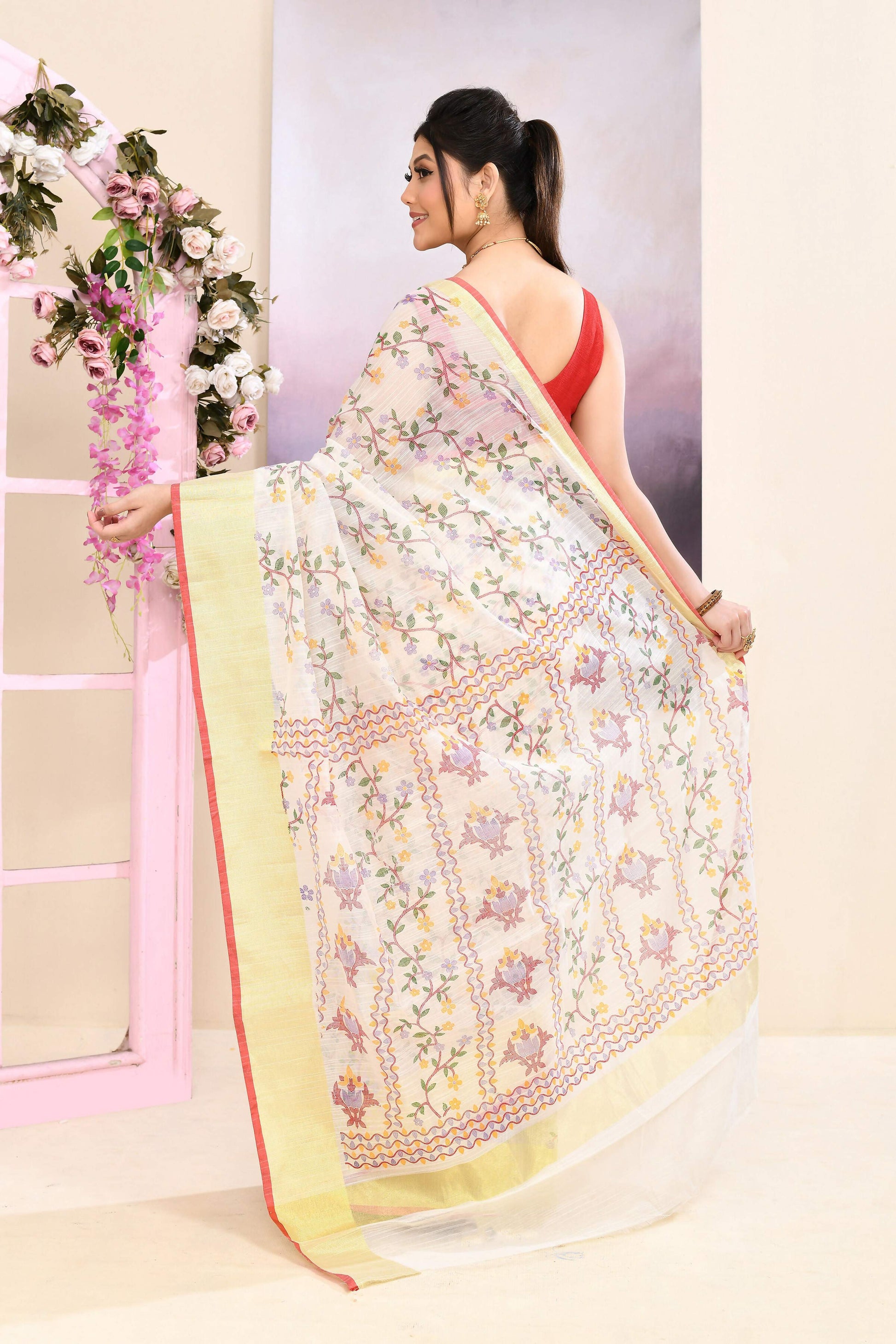 Piyari Fashion Women's White Embellished Cotton Blend Printed Saree