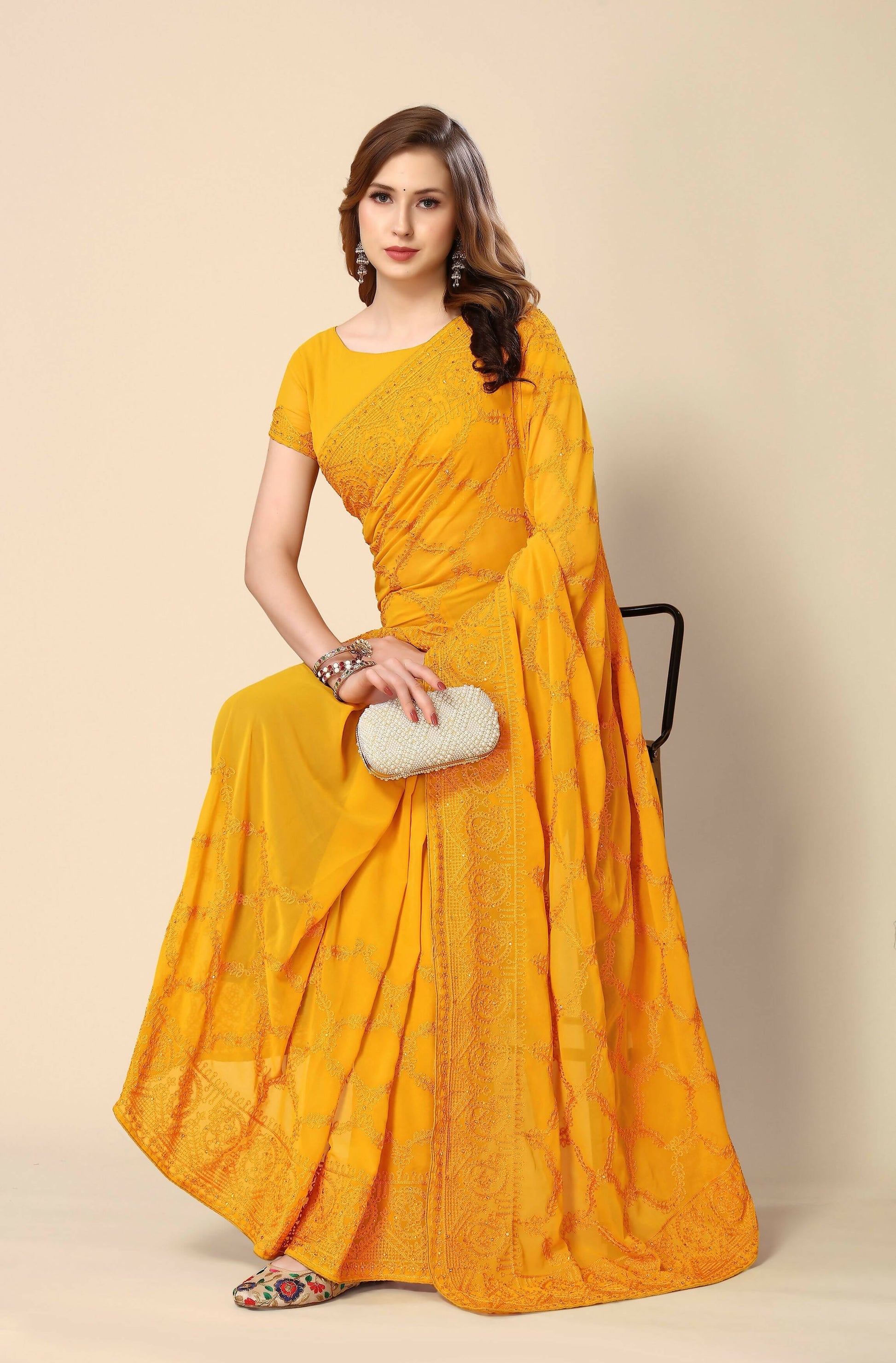 Mustard Georgette Embroidered and Stone Work Saree with Unstitched Blouse Piece - Roozal