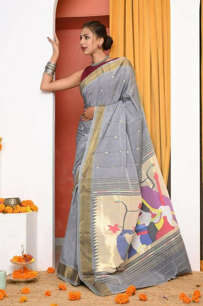 Very Much Indian Handloom Grey Cotton Paithani With Radha Krishna Pallu 