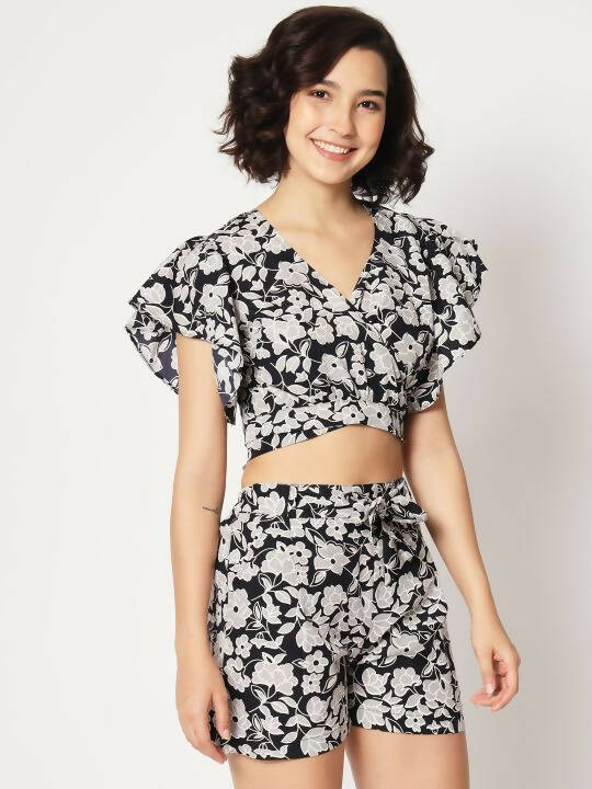 Black Crepe Floral Printed Top with Matching Shorts Set - Shivani