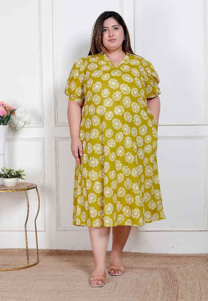 Miravan Plus Size Women'S Yellow Printed Puff Sleeve Floral Maxi Party Dress