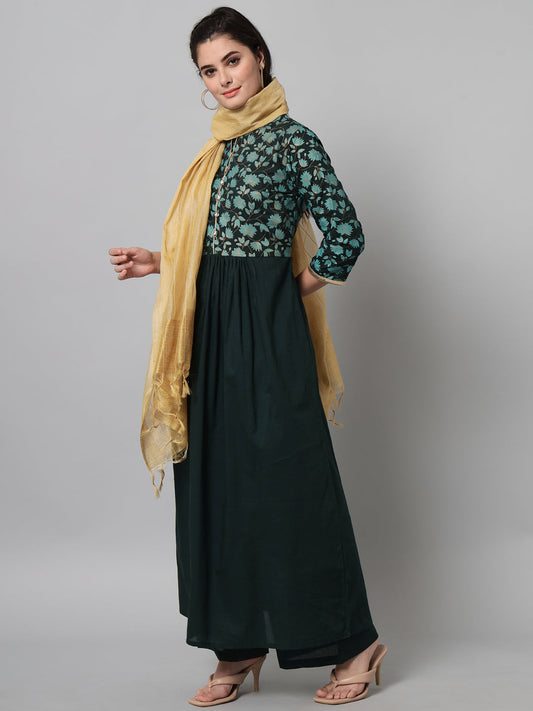 NOZ2TOZ Bottle Green Hand Block Printed Kurta Palazzo Set With Dupatta - Grab2buy