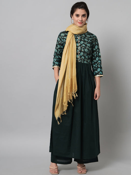 NOZ2TOZ Bottle Green Hand Block Printed Kurta Palazzo Set With Dupatta - Grab2buy