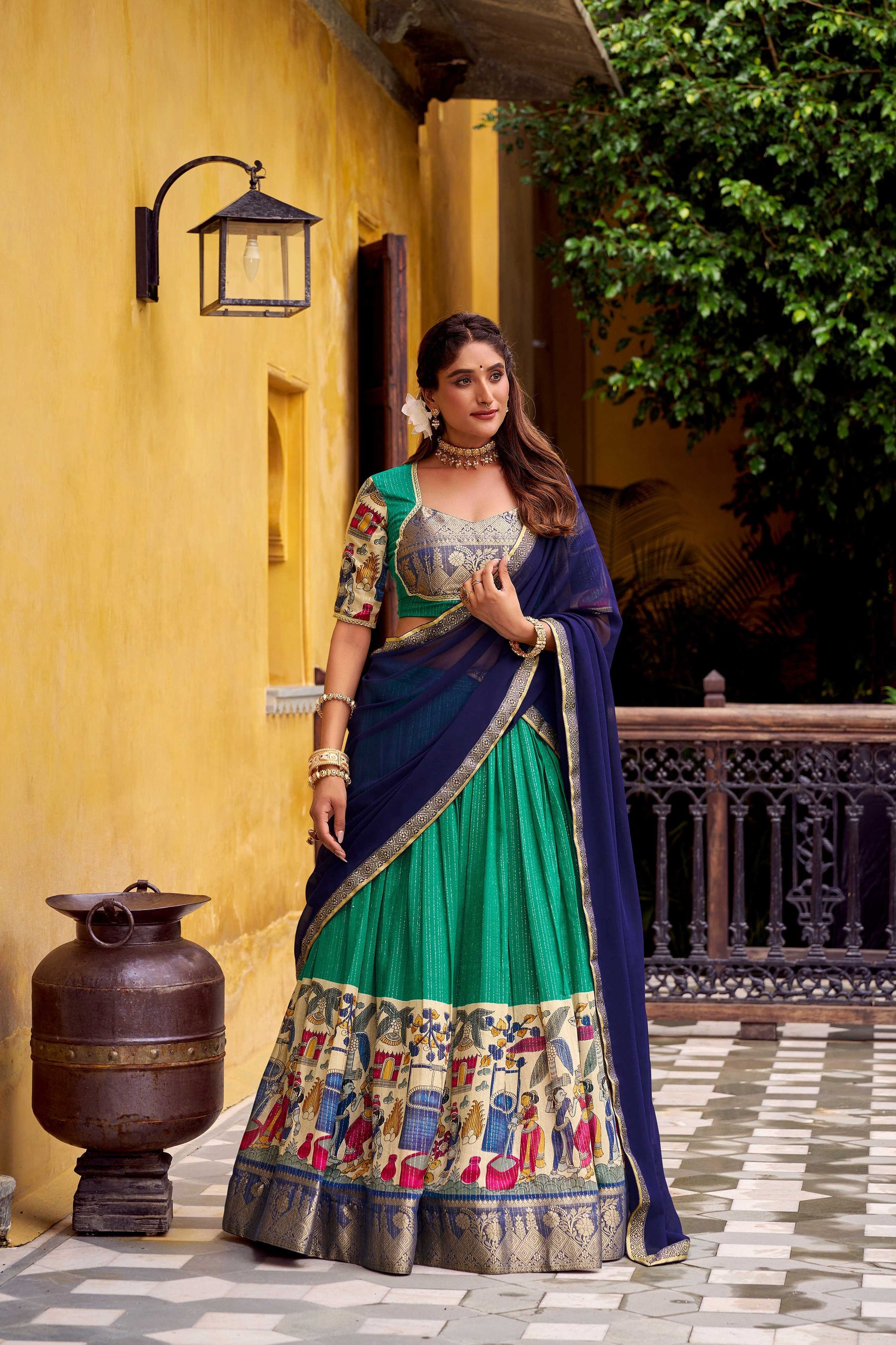 Evanik Bottlegreen South Style Kalamkari Print Design Zari Work Unstitched Lehenga Choli