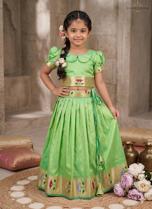 Evanik Green Soft Silk Paithani Design Zari Weaving Pavadai Lehenga Choli For Kids
