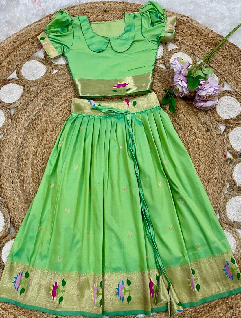 Evanik Green Soft Silk Paithani Design Zari Weaving Pavadai Lehenga Choli For Kids