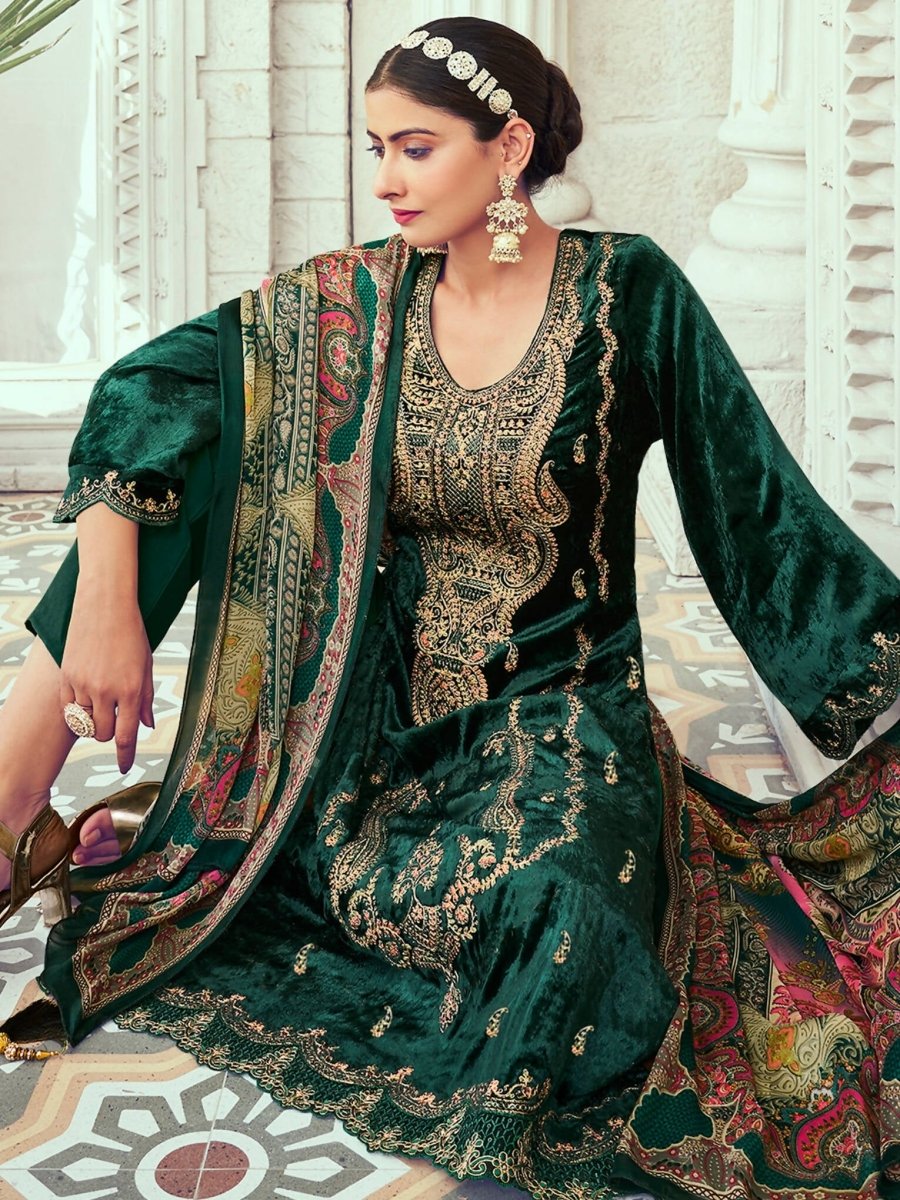 Aastha Fashion Women's Green Velvet Cording with Digital Printed Kurta with Trouser & Dupatta - Grab2buy