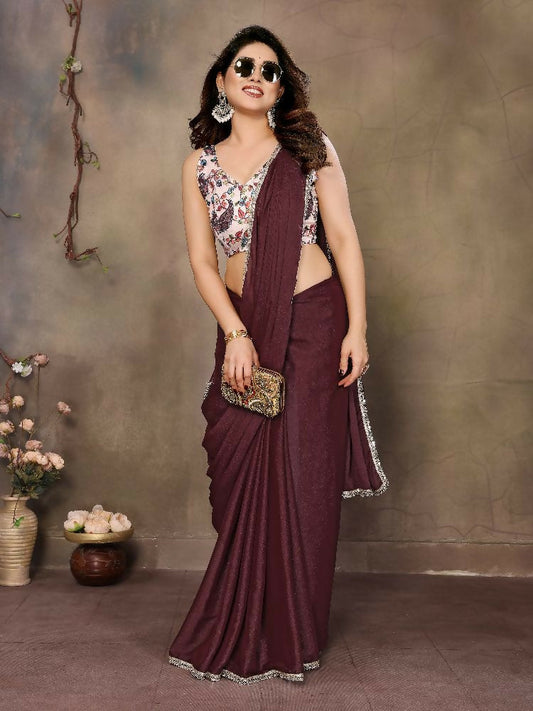 PR Fashion Brown Star Georgette Solid Georgette With Mirror Border Saree