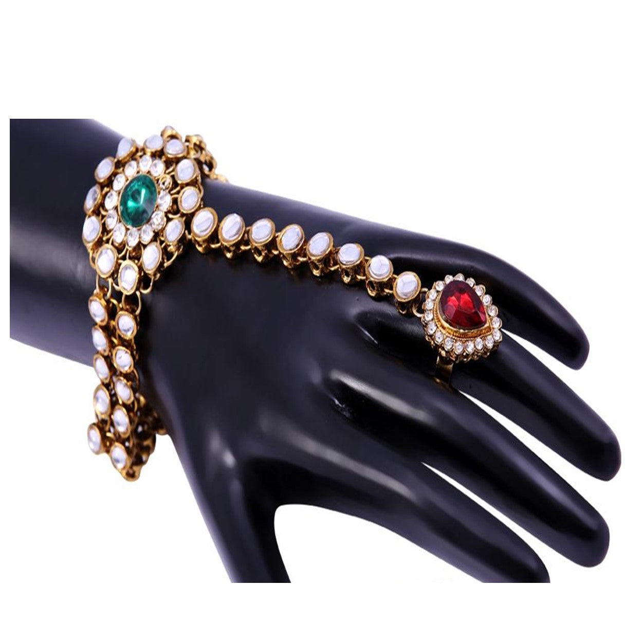 Gold-Polished Alloy Kundan Studded Hand Harness Bracelet - The Pari - The Pari - Dinesh Associates