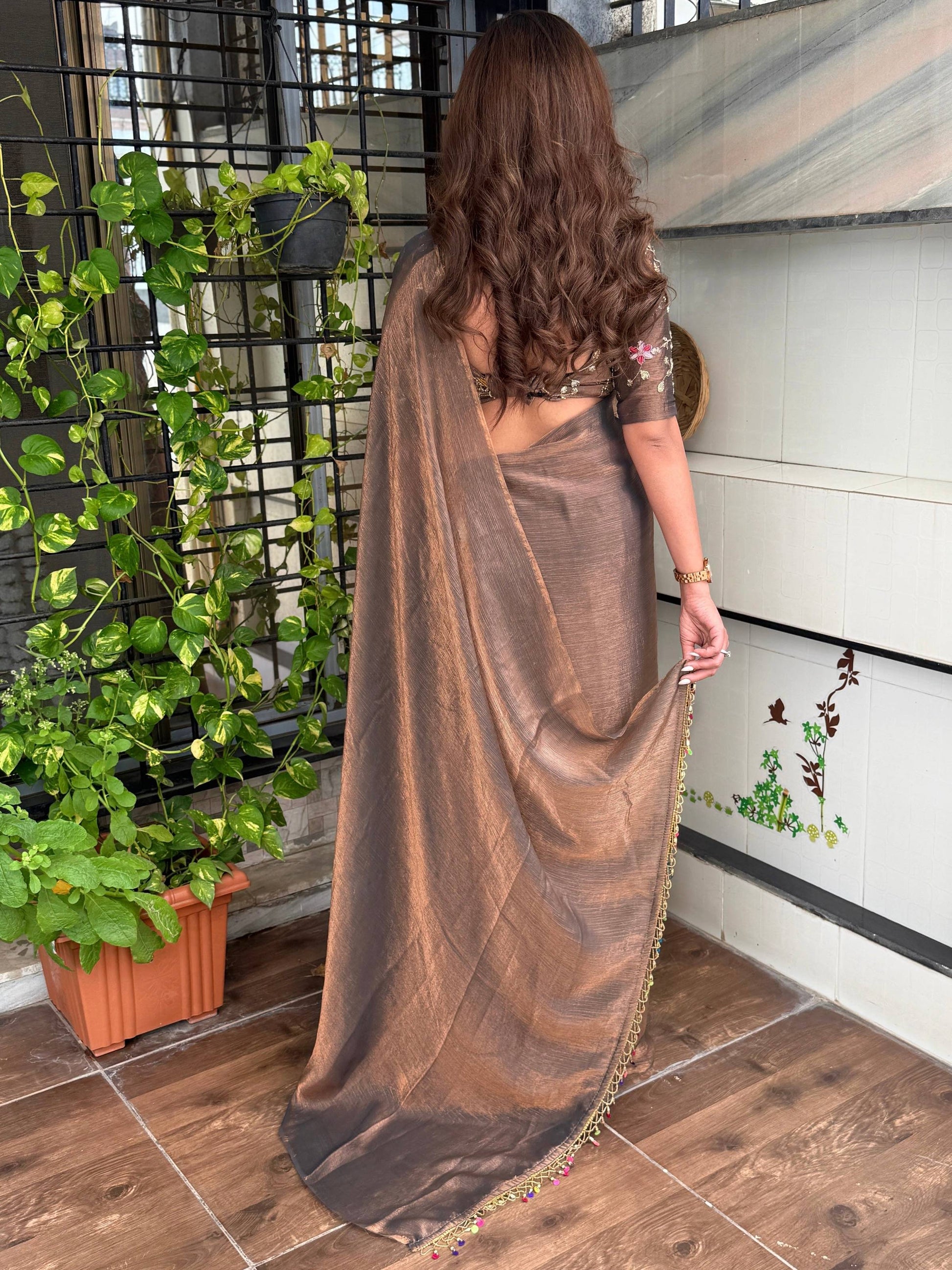 Evanik Soft Fandy Chiffon Beads Embroidered Work Party Wear Saree With Blouse