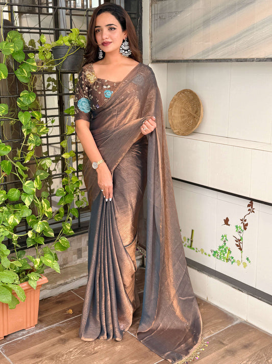Evanik Soft Fandy Chiffon Beads Embroidered Work Party Wear Saree With Blouse