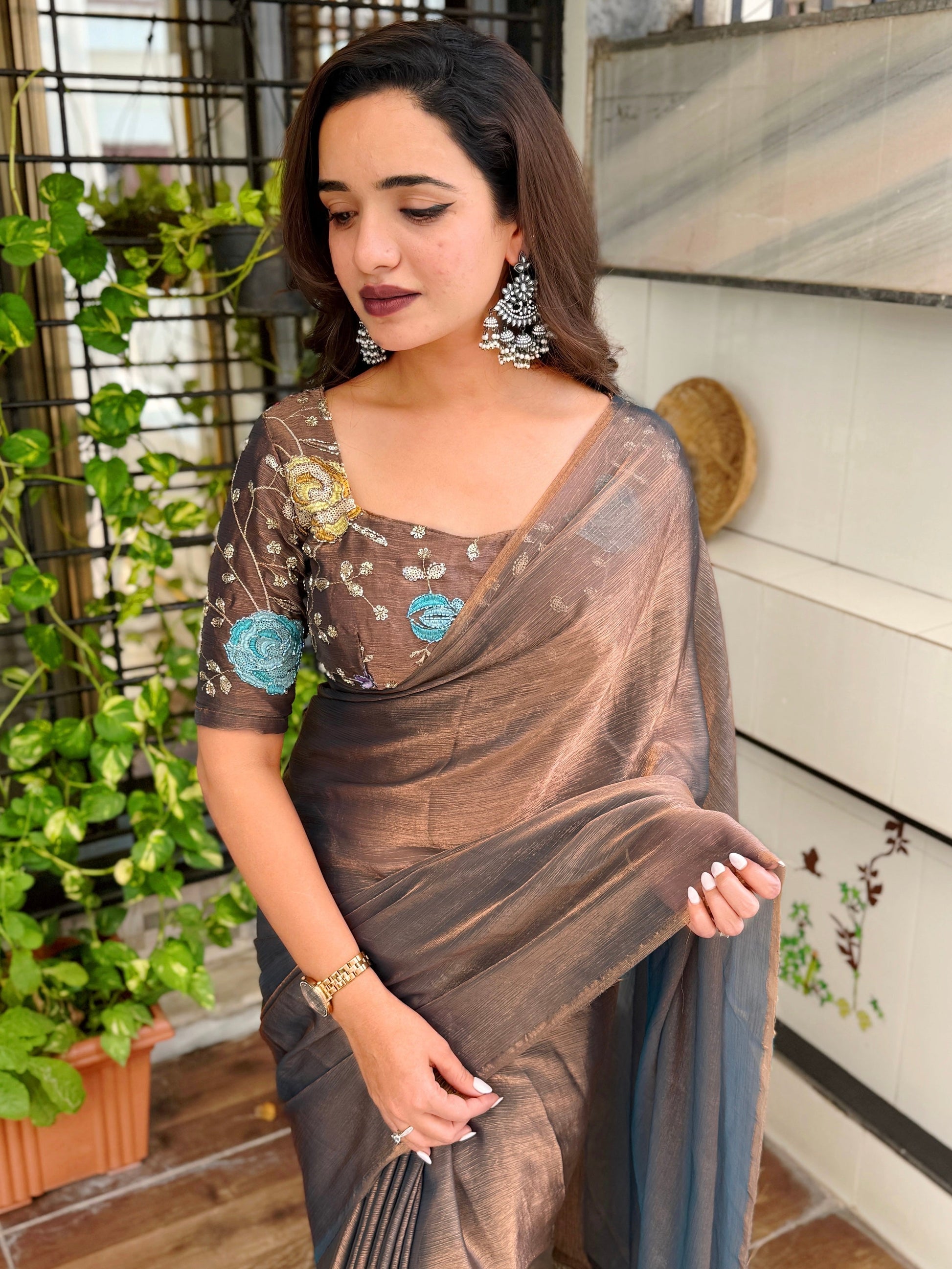 Evanik Soft Fandy Chiffon Beads Embroidered Work Party Wear Saree With Blouse