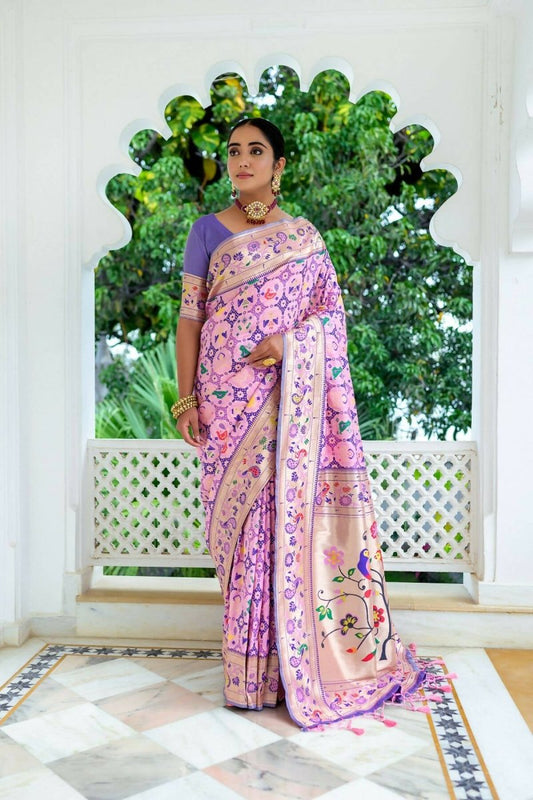 Aastha Fashion Baby Pink Woven Paithani Silk Saree with Blouse - Grab2buy