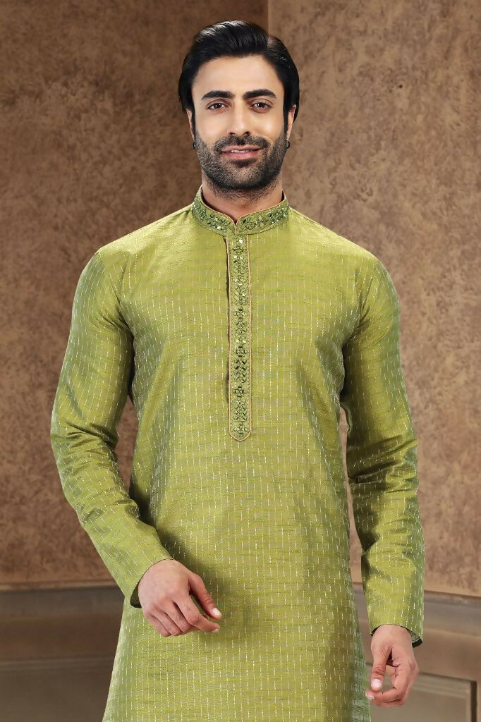 Raivat Ethnic Jacquard Art Silk Mirror and Thread Work Kurta Pajama In Green Colour