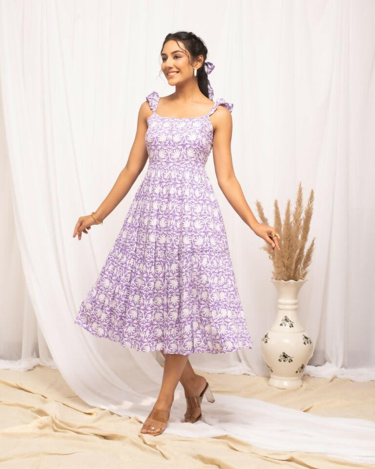 FIORRA Women's Lavender Cotton Floral Printed Dress 