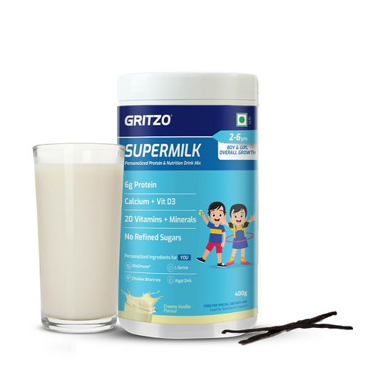 Gritzo SuperMilk Overall Growth (2-6y Boy & Girl), 6g Protein Powder (Creamy Vanilla)