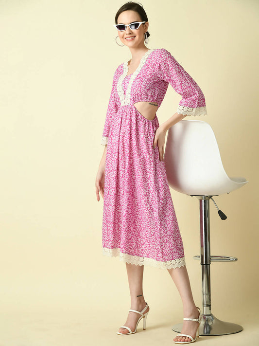 Myshka Women's Pink Floral Printed Fit and Flare Dress