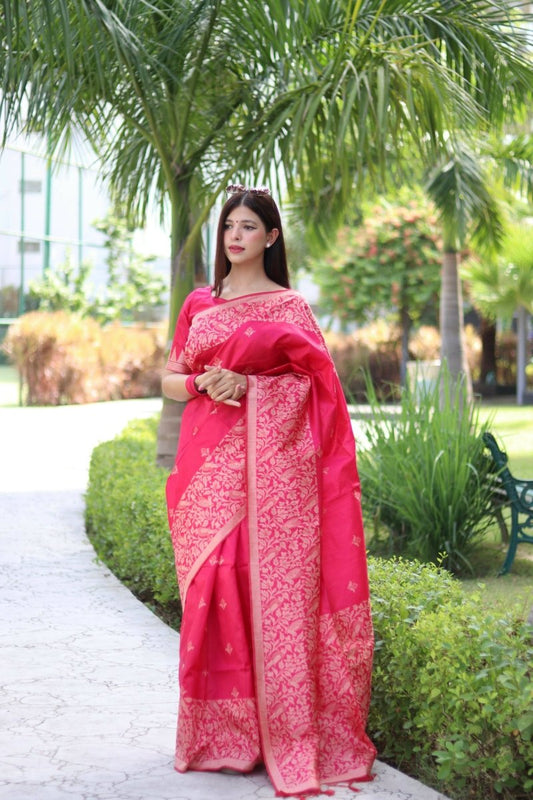 Aastha Fashion Rani Pink Woven Handloom Raw Silk Saree with Blouse - Grab2buy