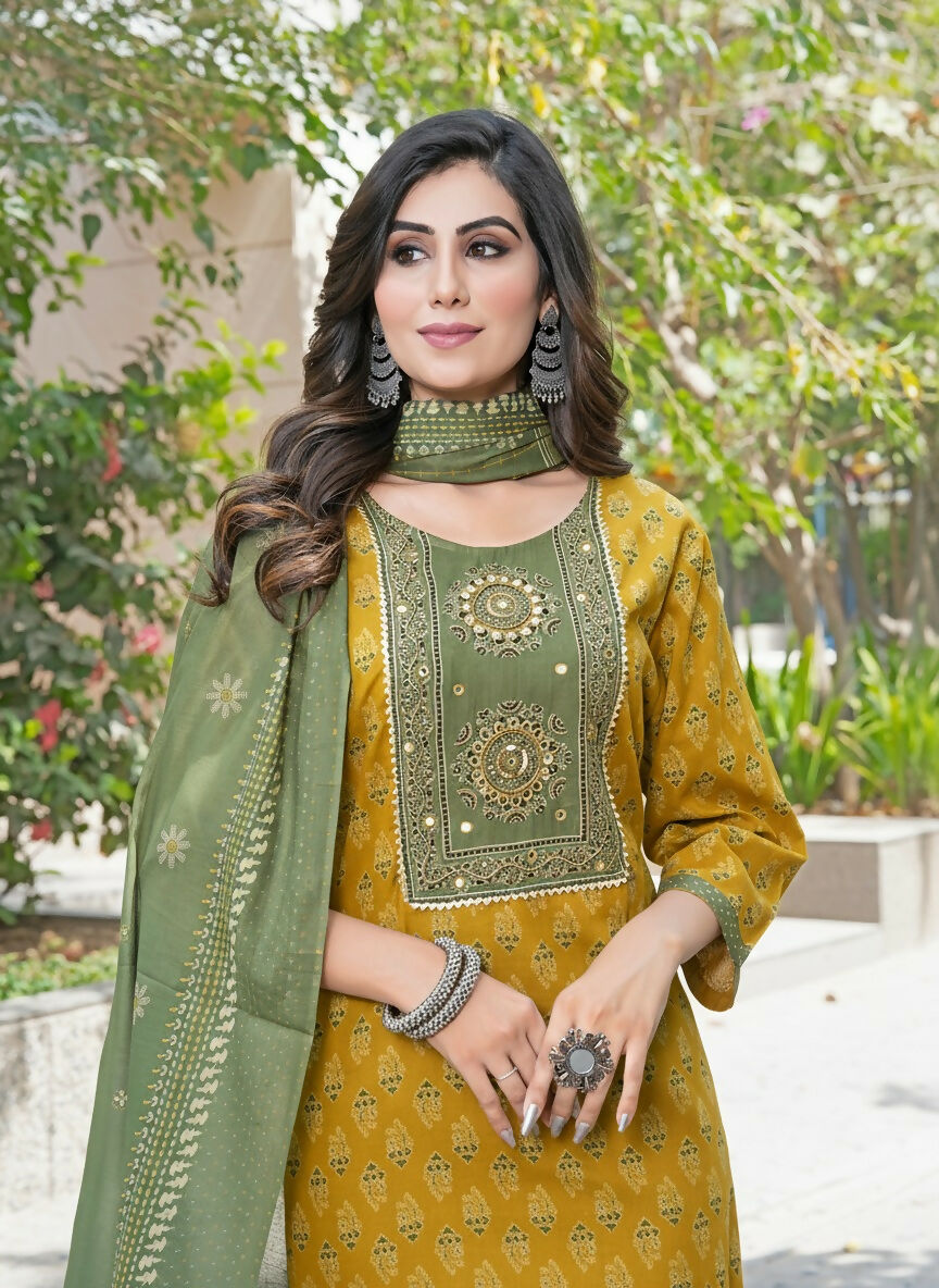 BulBul Aaliya Warm Mustard Cotton Kurta Set with Dupatta 