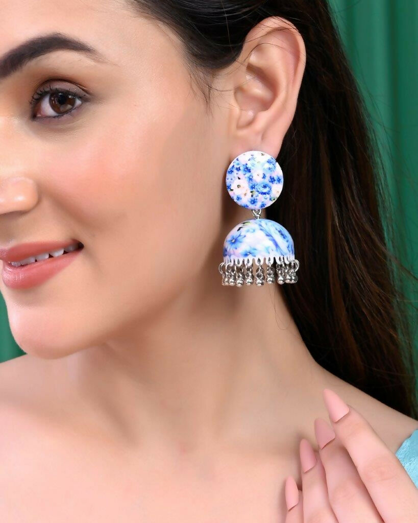 VOJ Set Of 2 Earrings- Blue Printed Jhumka With Black AD Studded Drop Earrings - Grab2buy