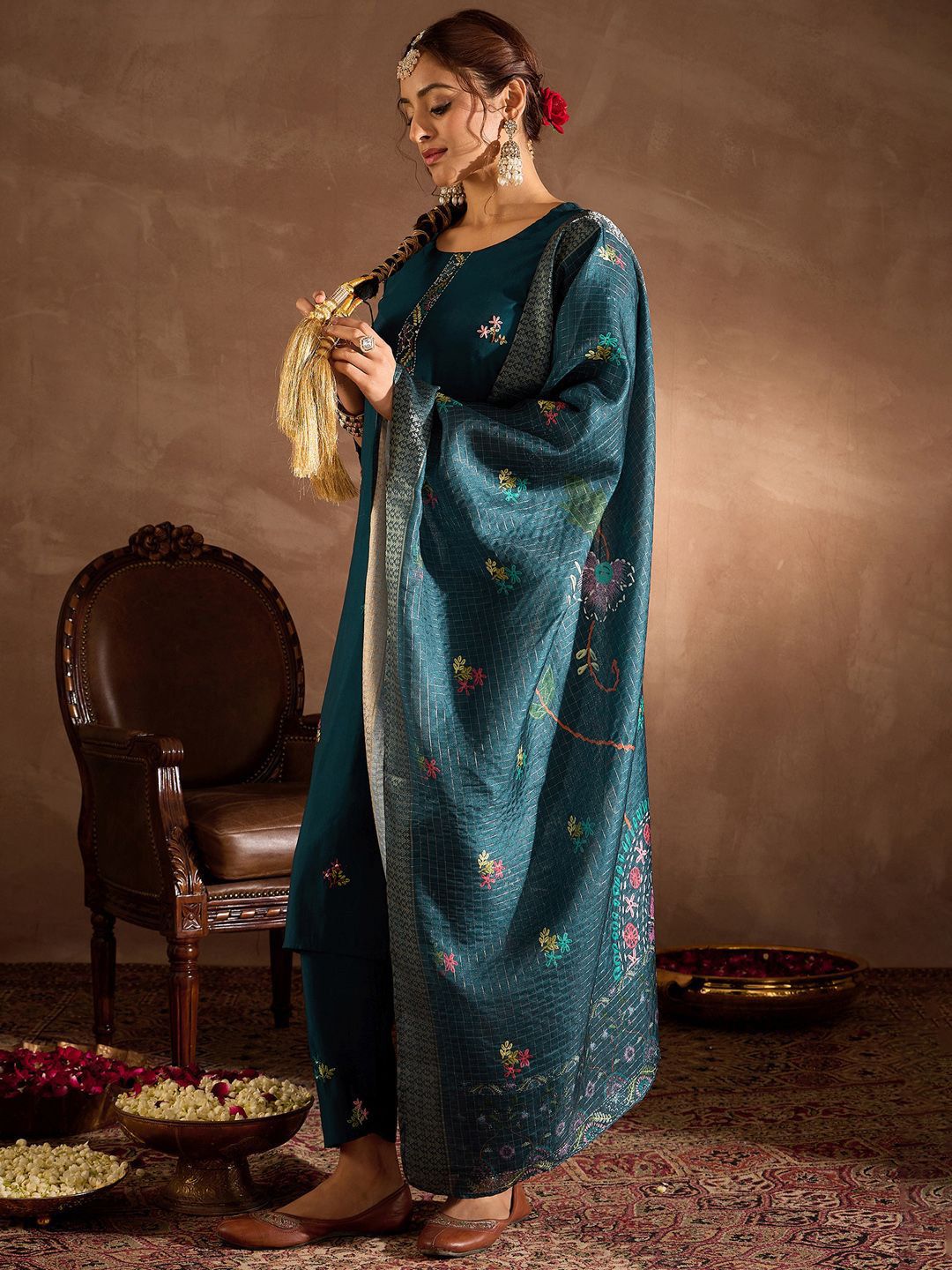 Indo Era Floral Embroidered Thread Work Straight Kurta With Trousers & Dupatta