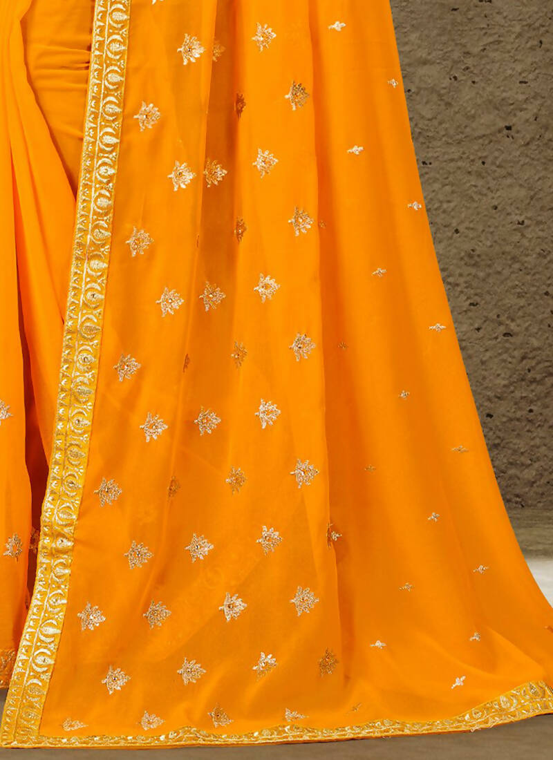 Mustard Georgette Embroidered Saree with Unstitched Blouse Piece - Avika