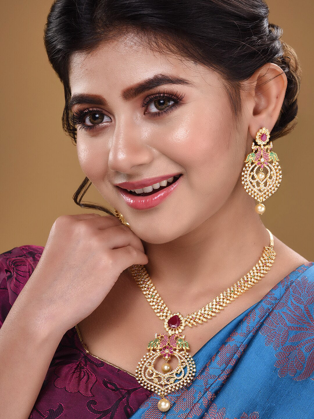 Saraf RS Jewellery Gold-Plated Green & Pink American Diamond Studded & Beaded Handcrafted Jewellery Set - Grab2buy