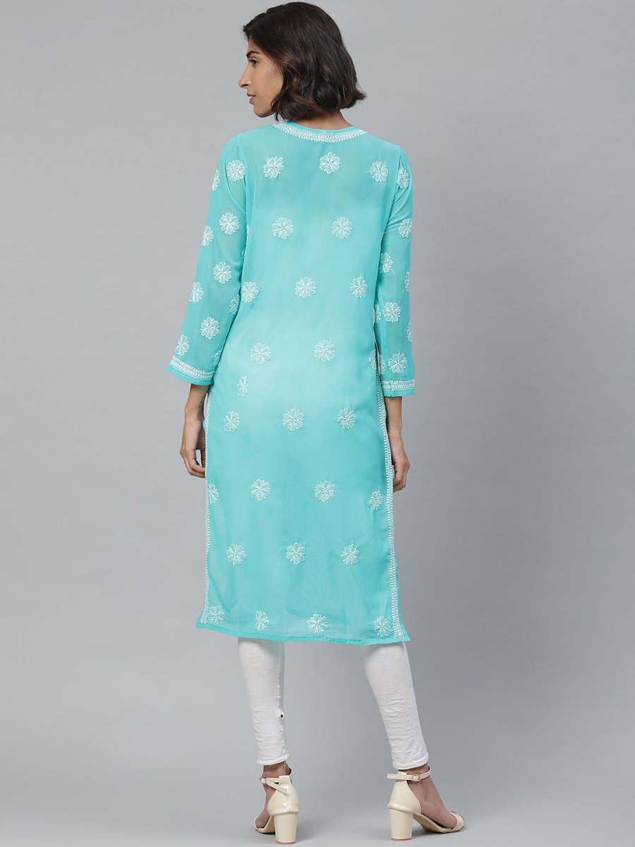 ADA Women Sea Green & White Floral Chikankari Embroidered Straight Sustainable Handloom Kurta 