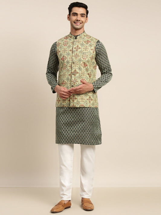Sojanya Men Green Ethnic Motifs Kurta with Pyjama & Nehru Jacket 