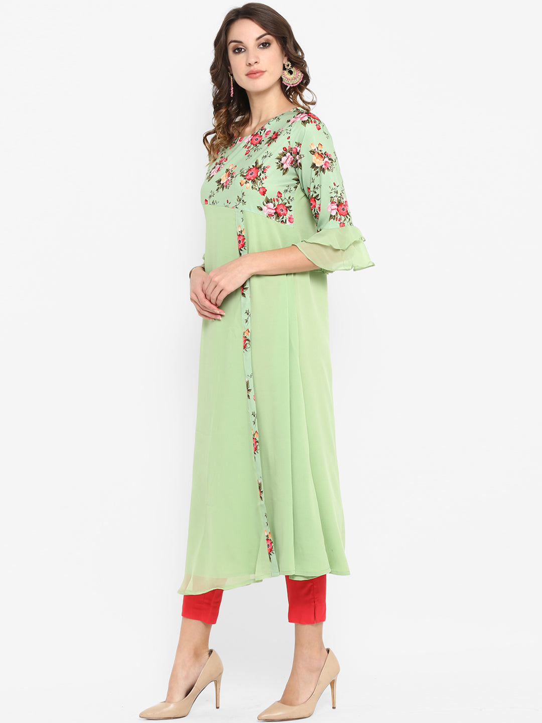 Janasya Women Green & Pink Floral Printed A-Line Kurta