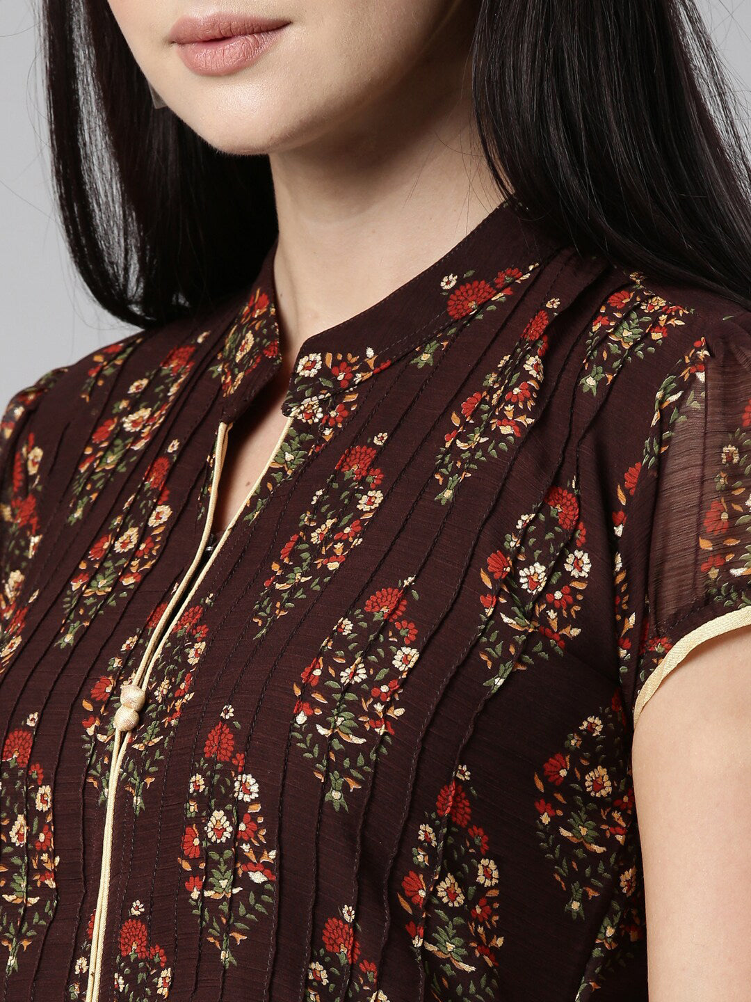 Souchii Women Brown & Red Floral Printed Block Print Kurta 