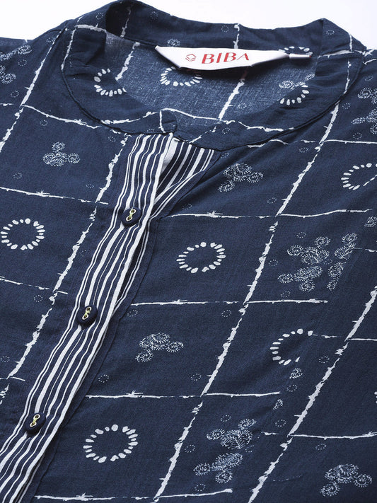 Biba Women Navy Blue & White Ethnic Motifs Printed Kurta with Inner - Grab2buy