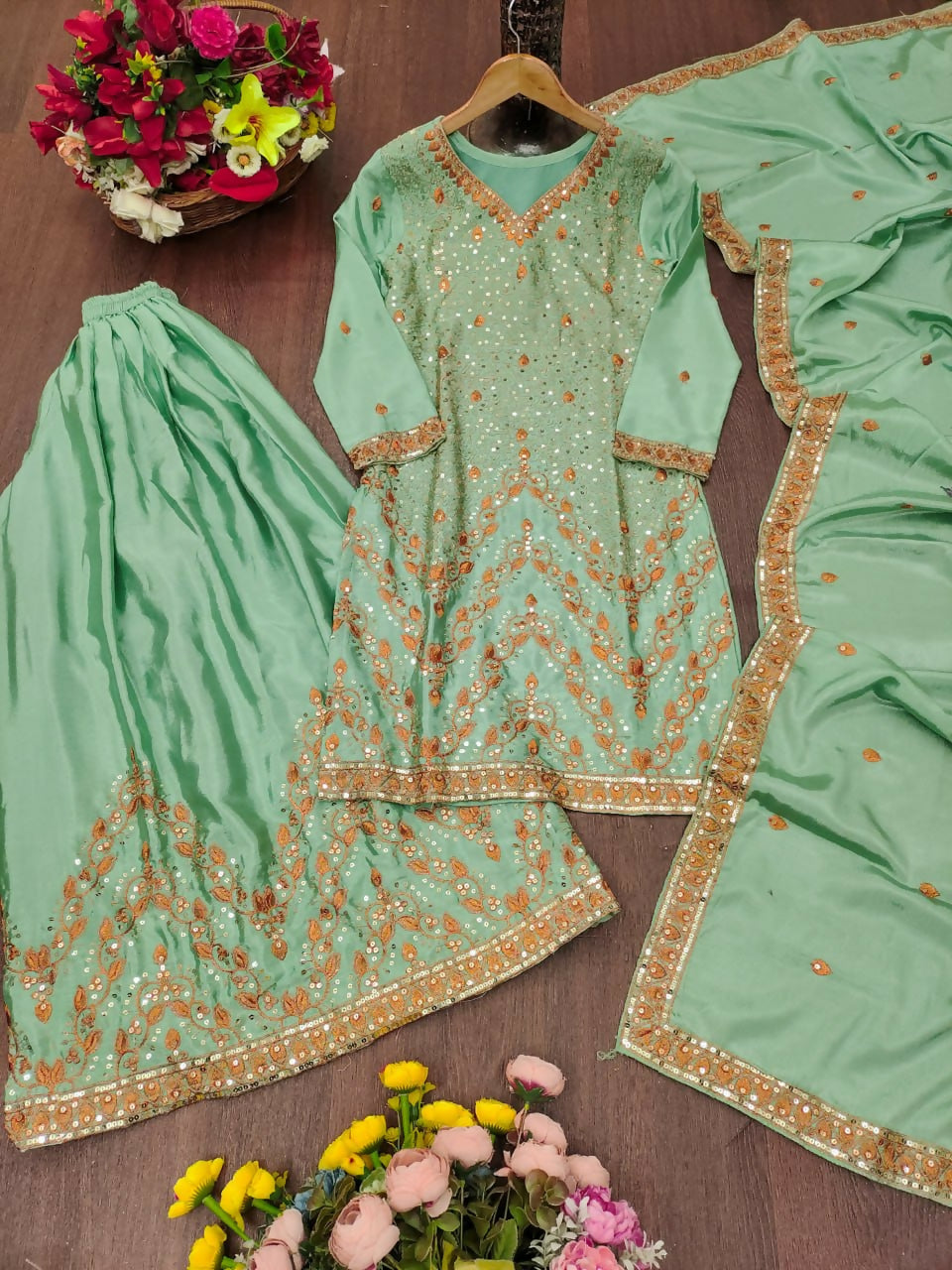 Teeya Creation Womens Trendy Light Green Silk Blend Gota Patti And Sequins Embroidered Sharara Suit Set