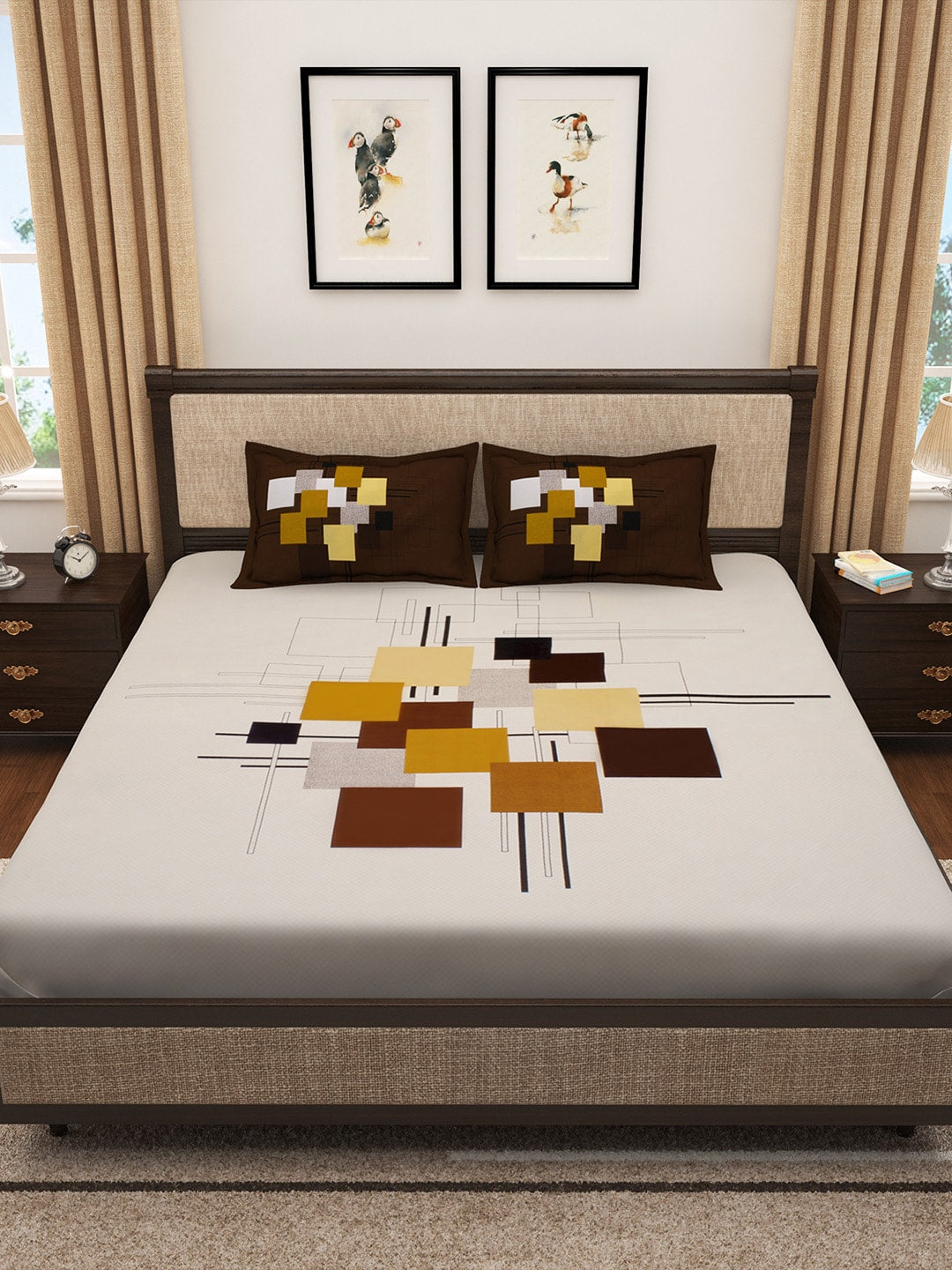 Story@home Cream-Coloured & Brown Abstract 300 TC Cotton 1 King Bedsheet with 2 Pillow Covers 