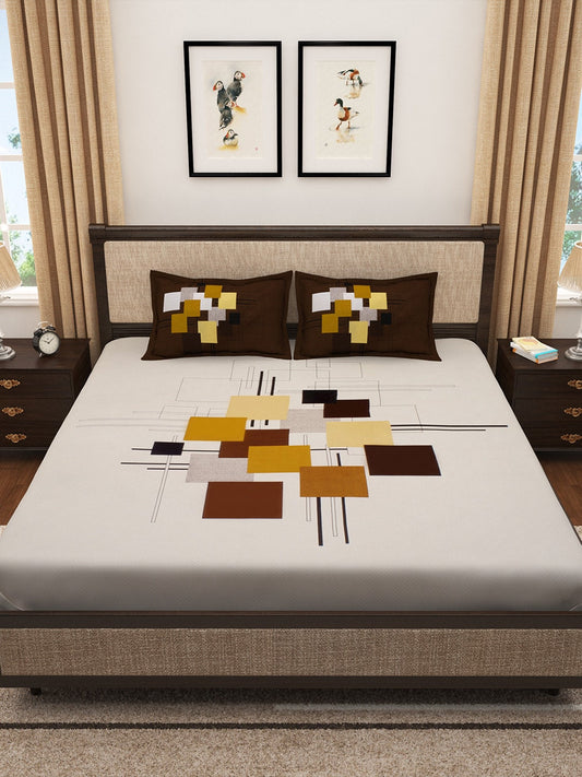 Story@home Cream-Coloured & Brown Abstract 300 TC Cotton 1 King Bedsheet with 2 Pillow Covers 