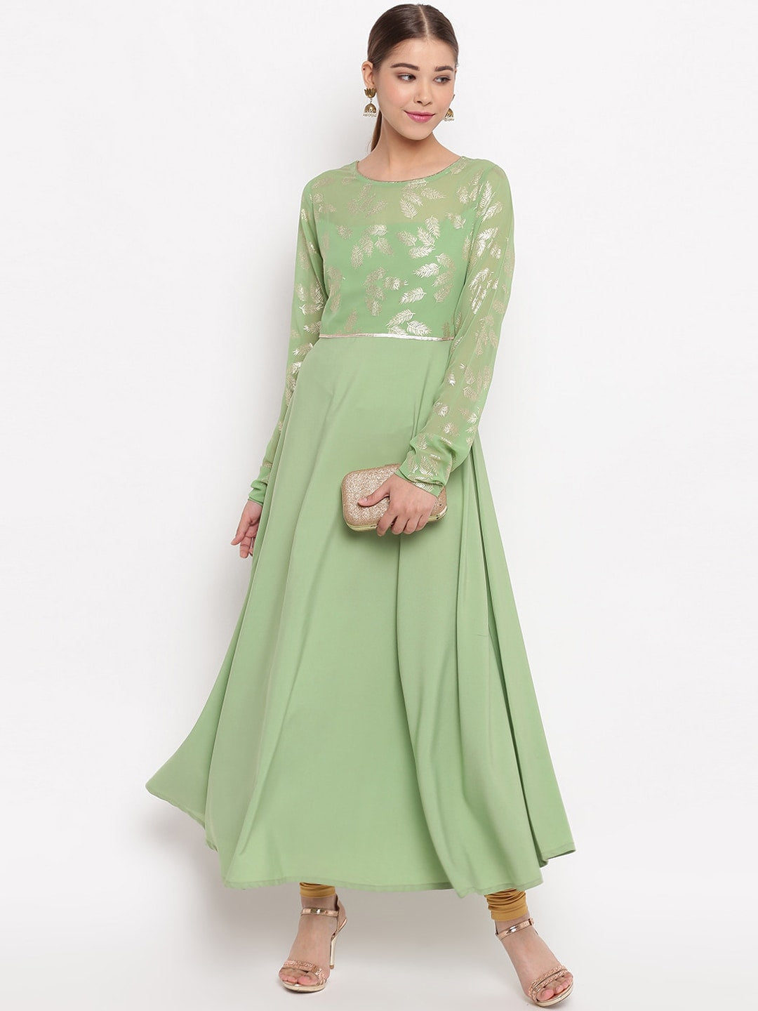 Janasya Women Green Printed Anarkali Kurta
