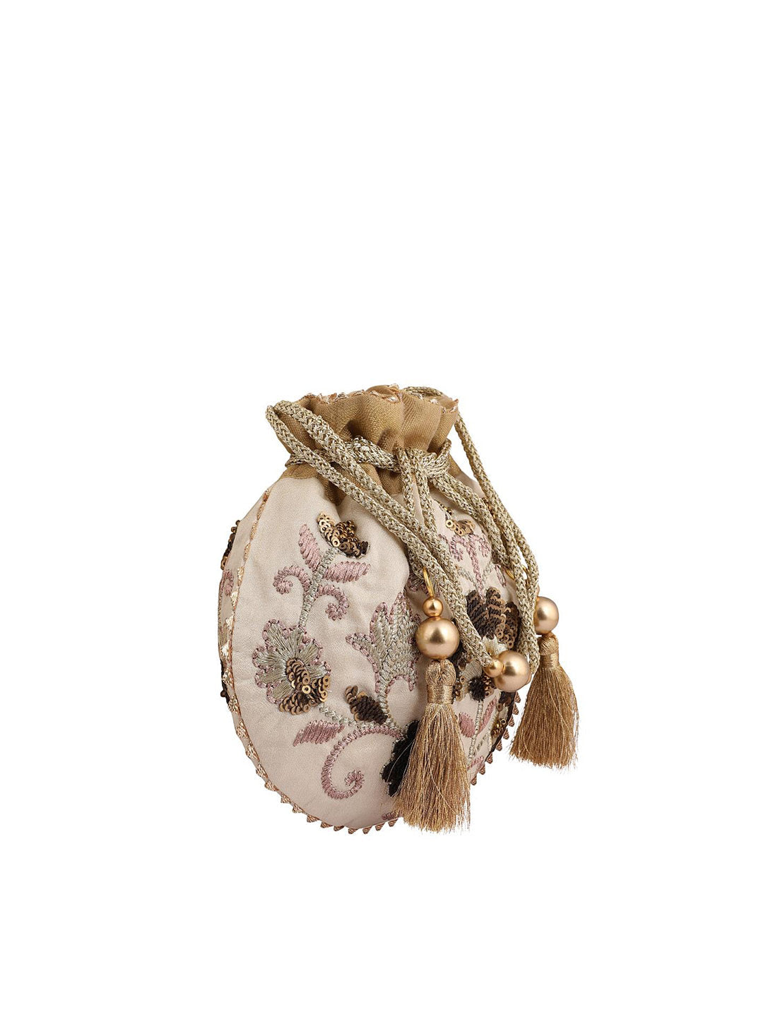 Masq Beige & Brown Embellished Embroidered Potli Clutch - Grab2buy