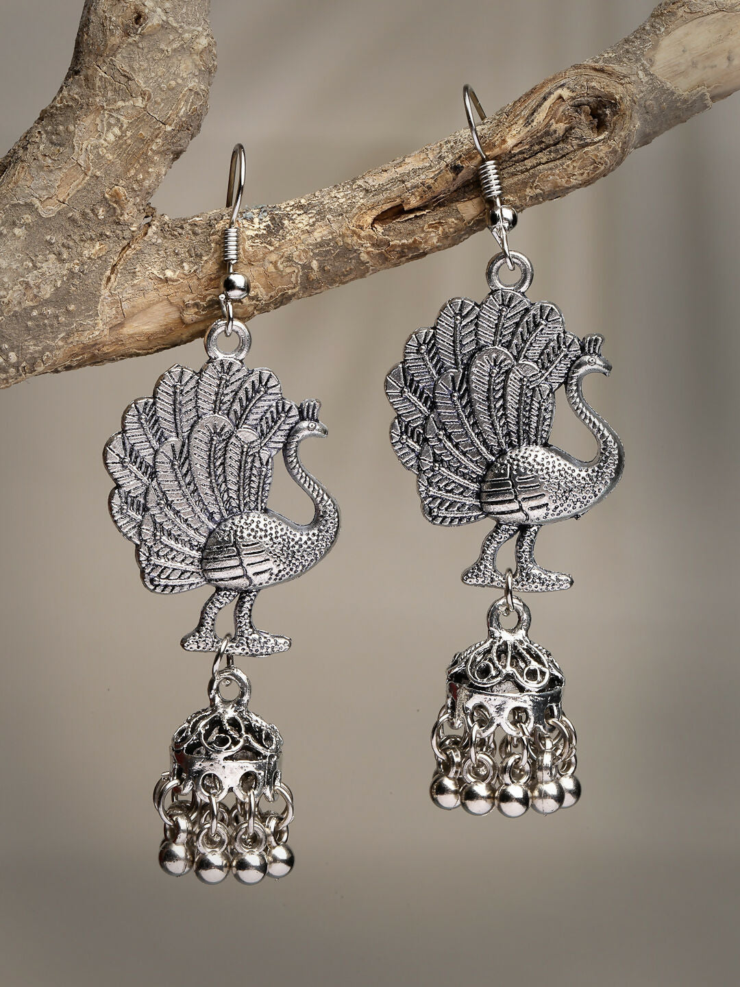 NVR Women's Silver-Toned Peacock Desing German Silver Oxidised Dome Shaped Jhumka Earrings 