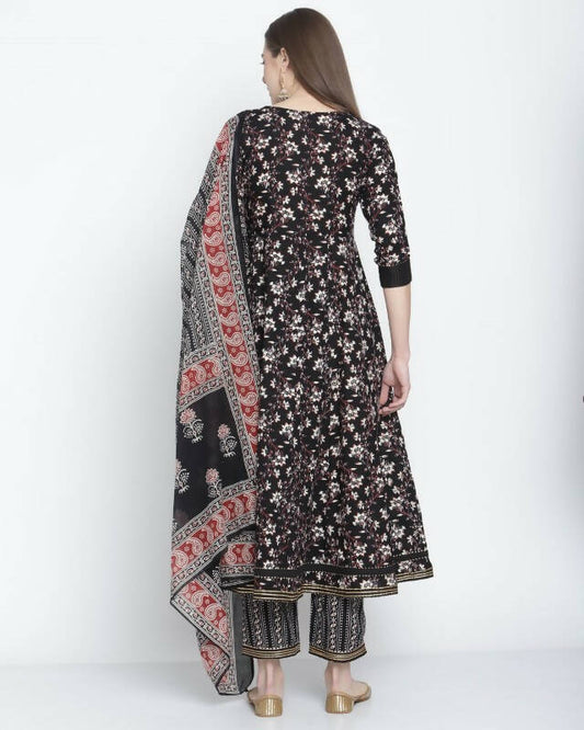 Aastha Fashion Women's Black Cotton Jaipuri Printed Kurta with Trouser & Dupatta - Grab2buy