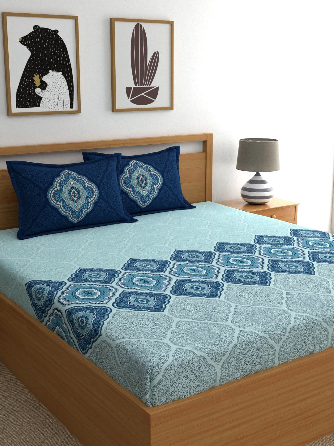 Dreamscape Blue Ethnic 144 TC Cotton Bedsheet with Reversible Pillow Covers 