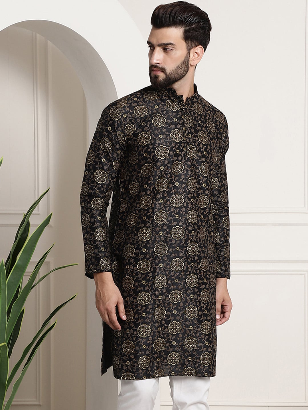 Sojanya Men Black & Brown Ethnic Motifs Printed Kurta 