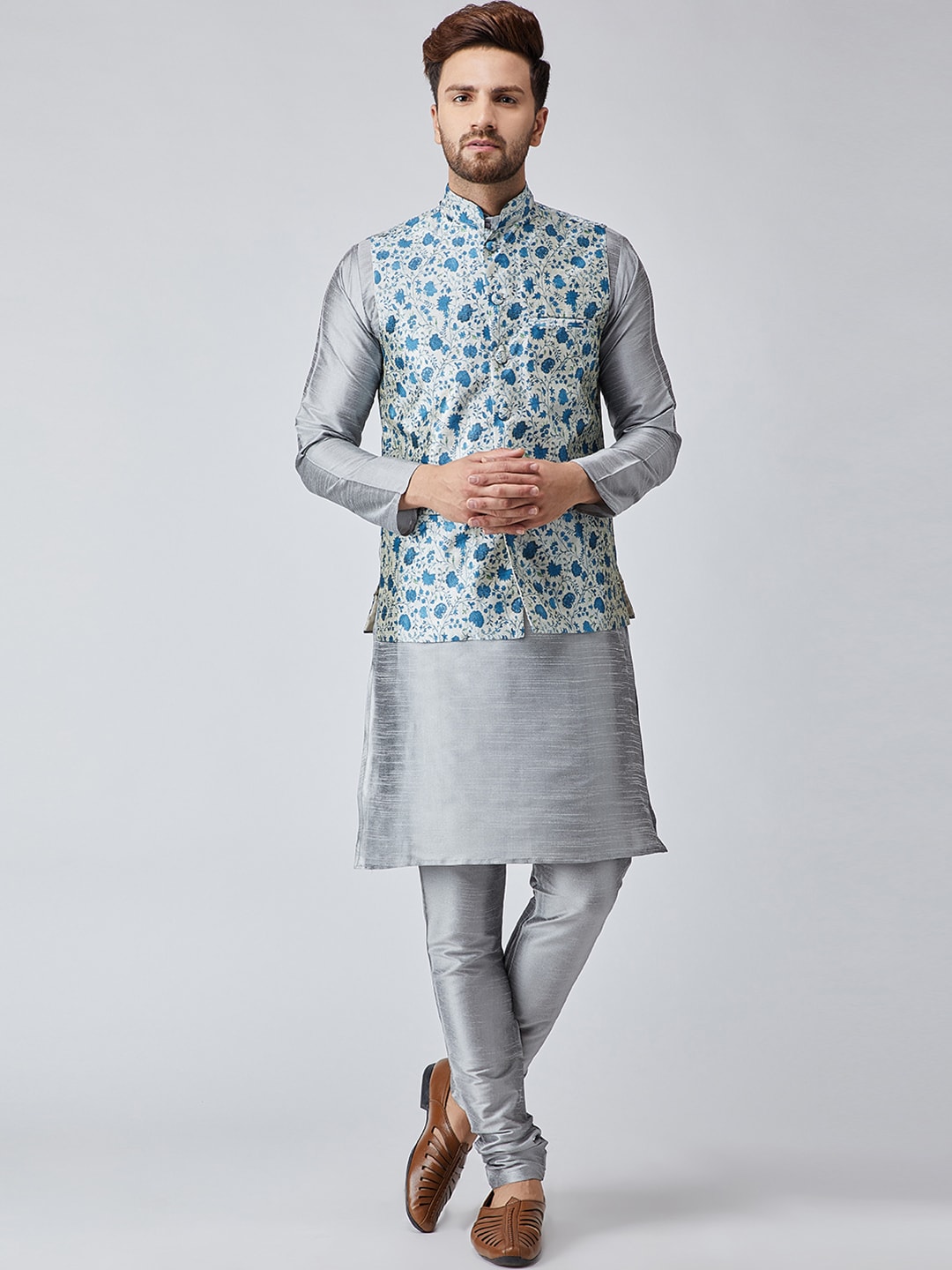 Sojanya Men Grey & Blue Self Design Kurta with Churidar & Nehru Jacket 