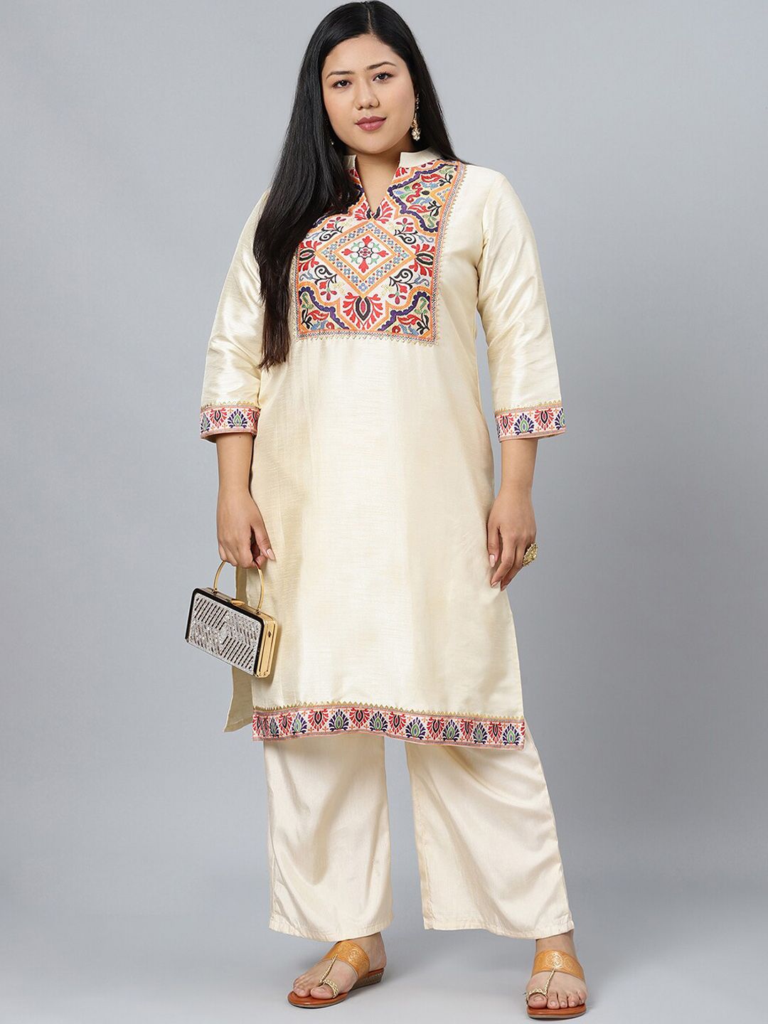 Sztori Plus Size Ethnic Motifs Printed Mandarin Collar Straight Kurta with Palazzos