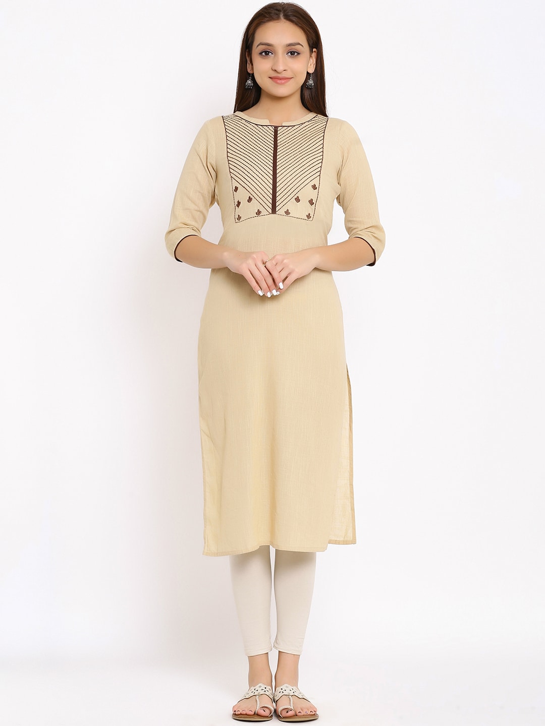 HERE&NOW Beige Geometric Yoke Design Thread Work Kurta